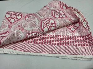 Authentic Indian Hand Block Print Quilt With Kantha King Size Bedspread Pink - Picture 1 of 6