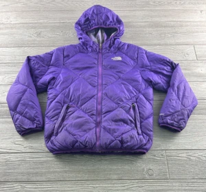 The North Face Girls Reversible Hooded Puffer Jacket Purple Large  Plaid Checker - Picture 1 of 9