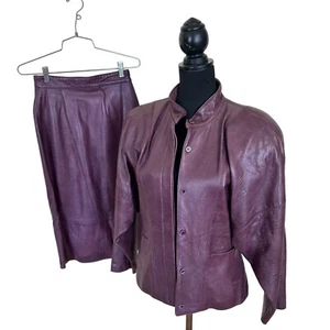 Leonardo Womens Leather Skirt & Jacket Small Purple Leather 1980s Vintage - Picture 1 of 21