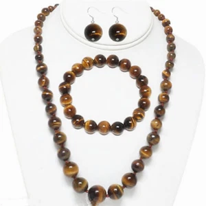 6-14MM GENUINE TIGER EYE GEMS ROUND NECKLACE 18" BRACELET EARRINGS SET - Picture 1 of 4