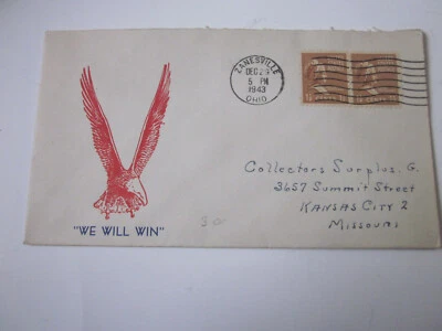 Segunda Guerra Mundial Estados Unidos 1943 Zanesville Ohio Patriótico CACHET EAGLE GANAREMOS Foto 1 de 3