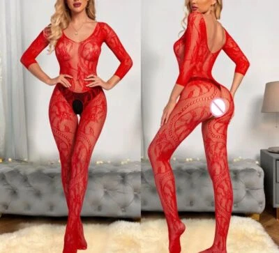bodystocking ouvert Catsuit Dessous Overall Netz Reizwäsche Negligee Langarm Rot - Bild 1 von 4