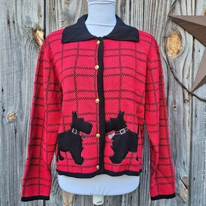 Vtg Scottie Dog Cardigan Petite Med Crystal Kobe Red Black Plaid PM Knit Sweater - Picture 1 of 10