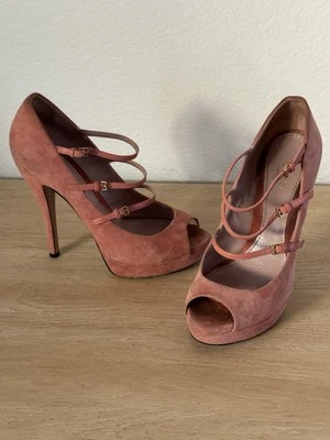 Gucci Rosa Gamuza Peep Toe Plataforma ~ Tres Tiras Bombas Talla 39 Foto 1 de 4