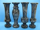 4 Miniature Bud Flower Vases 4.5" Tall Etched Black Marble Vintage