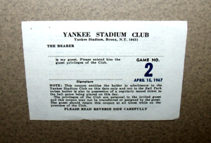 NY Yankees 4/15/1967 Yankee Stadium Club Pass Ticket Stottlemyre CG SHO 4 Hit W