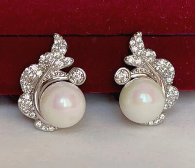 Luxus Perlen Ohrringe Creolen mit Zirkonia Kristallen Weißgold vergoldet - Bild 1 von 4