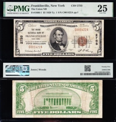VERY NICE *RARE* Bold & Crisp VF 1929 $5 FRANKLINVILLE, NY National PMG 25 01422 - Image 1 of 3