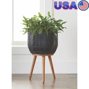 Round Resin Planter W/ Wood Stand Weather-Resistant Indoor Outdoor Garden Pot US - Picture 1 of 4