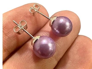 Aretes hipoalergénicos enchapados en oro blanco de perlas moradas de 8 mm para mujer - Imagen 1 de 9