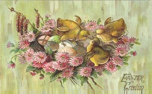 EASTER GREETING POSTCARD Gild, Chicks, Easter Eggs, Flowers Embossed - Picture 1 of 2