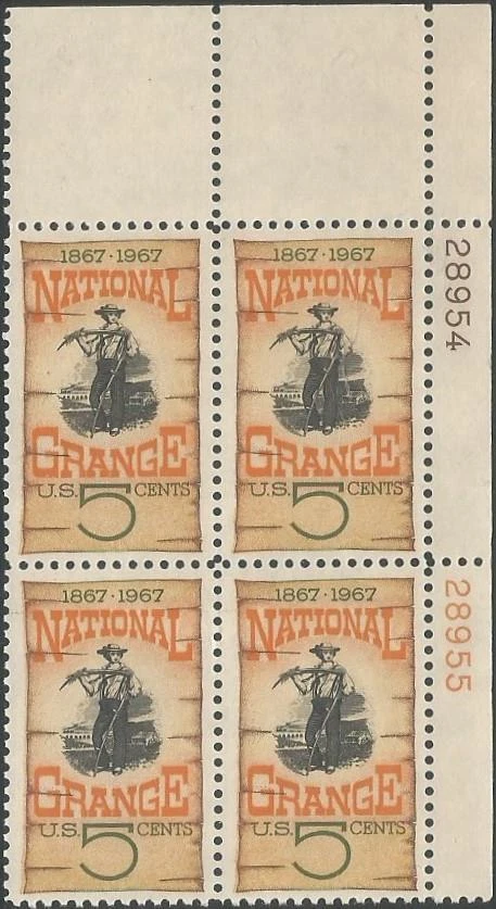 Plate Block of 4 stamps - Scott 1323 - 5 cent - National Grange - 1967 - MNH - Image 1 of 1