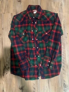 Wrangler Langarm Knopfleiste rot grün marine kariert Flanell Größe Large Druckknopf - Bild 1 von 3