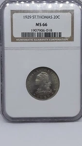 Saint Thomas 1929 20 Centavos NGC Certified MS66 Superb Gem! - Picture 1 of 2