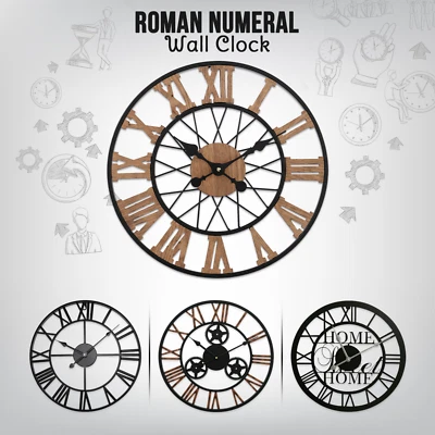 BLADO Large Wall Clock Round Skeleton Open Face Clocks Metal Roman Numeral Home Garden
