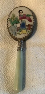 Vintage Asian Handheld Mirror, Hand painted Porcelain, Jade Handle. Very Nice - Picture 1 of 7