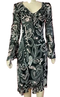 Vestido TESSUTO Corte Sesgado Paisley Manga Acampanada Negro/Rosa/Gris Cuello en V NUEVO #C6 Foto 1 de 4