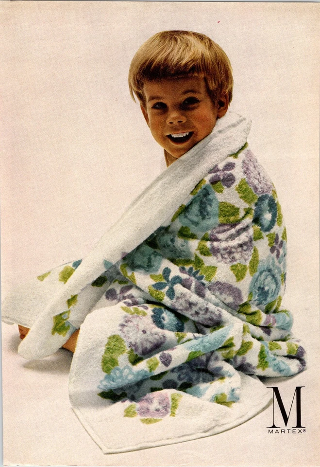Toalla vintage 1962 Martex Ad Boy azul púrpura verde bata floral Foto 1 de 1