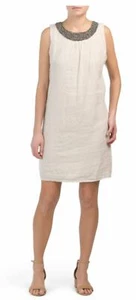 Vestido mediano ITALIANO Lino Arena CUENTAS Cuello Cambio Sin mangas Bronceado cómodo Nuevo con etiquetas - Imagen 1 de 6