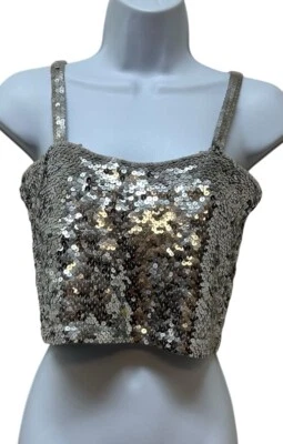 Camiseta sin mangas corta vintage Y2K tejida con lentejuelas plateada retro glamurosa talla L Foto 1 de 4