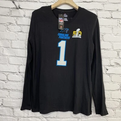 Carolina Panthers Womens Majestic Cam Newton Super Bowl 50 Shirt 2XL Black LS - Image 1 of 4