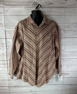 Brooklyn Express Mens Size 2XL Brown Orange Striped Shirt Button Up Flip Cuffs - Image 1 of 4