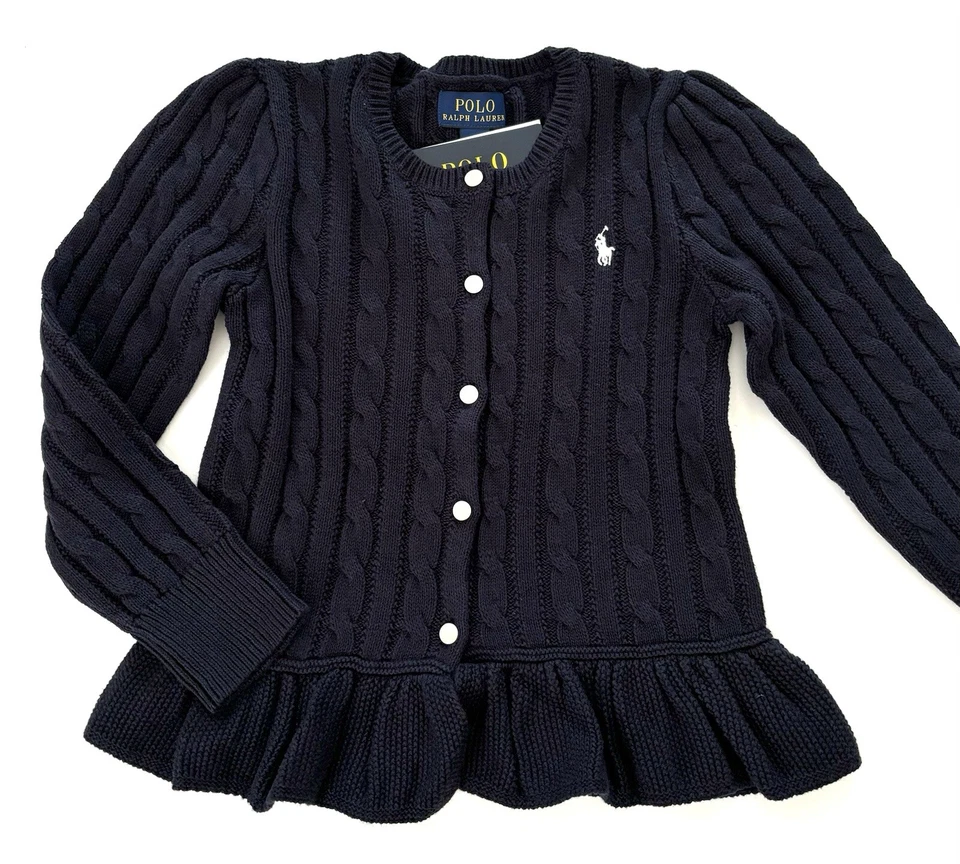 NUEVO CON ETIQUETAS, Cárdigan Peplum Tejido con Cable Azul Marino Ralph Lauren Niñas, Talla 6X Foto 1 de 1