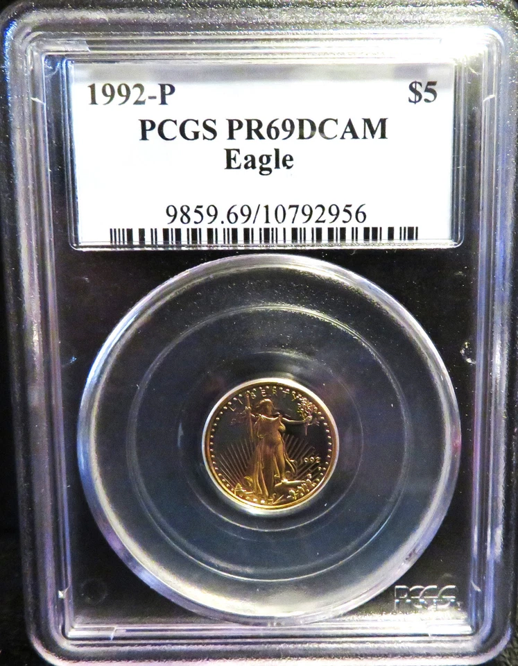 Eagle Proof 1992-P dorado $5 1/10 oz. CAMA PCGS PR69 Foto 1 de 4