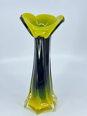 Jarrón Jack In The Pulpit amarillo recubierto retorcido azul y verde tallo oscilante jarrón 8" Foto 1 de 4