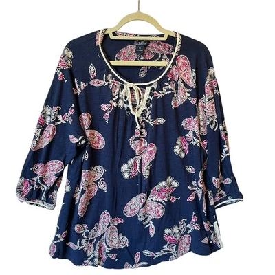 Blusa Campesina Lucky Brand 3X Azul Paisley Boho Mangas 3/4 Algodón Mujer Top Foto 1 de 4