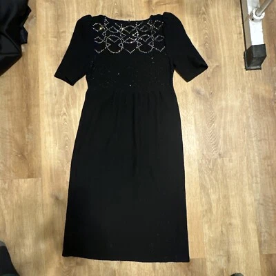 Vestido Adolfo Saks Fifth Avenue Vintage Negro Tejido Con Gemas Diamante Foto 1 de 4