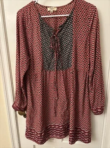 Hayden Los Angeles Women’s Rayon Red Blue Geometric Boho Tunic Smock Dress L - Picture 1 of 5