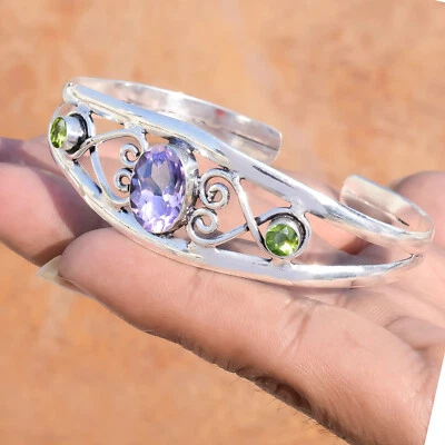 Faceted Amethyst & Peridot Cut Gemstone Cuff 925 Sterling Silver Elegant Bangle - Image 1 of 4