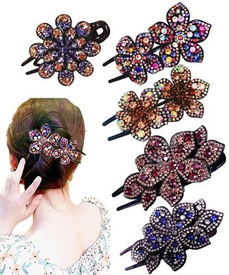 5 Pcs Double Flower Rhinestone Hair Clips Crystal Decorative Hair Clamps Women - Image 1 of 4