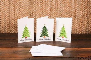Juego de 3 tarjetas de Navidad hechas a mano estrella dorada brillante árbol verde acuarela - Imagen 1 de 6