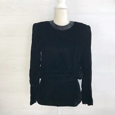 Vintage Neiman Marcus Nuit - Top Blusa Escote Cuentas Terciopelo Negro, Talla 12 Foto 1 de 4