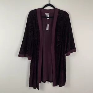 Catherines Open Front Kimono Cardigan Size 1X Floral Merlot Wine 3/4 Sleeves - Picture 1 of 8
