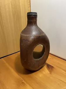 Vintage Leather Covered Tri Cornered Glass Haig Dimple Whiskey Bottle / Flask - Picture 1 of 6
