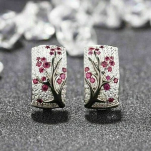 Women's Hoop Earring 925 Sterling Silver 2Ct Round Cut Lab-Created Ruby - Picture 1 of 4