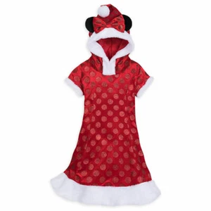 New Disney Parks Girls Hooded Red Glitter Polka Dot Minnie Mouse Holiday Dress - Picture 1 of 1