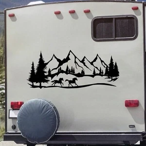 Horses Running Mountains Forest Scene Vinyl Decal V3 | Camper Graphics | Die Cut - Picture 1 of 12