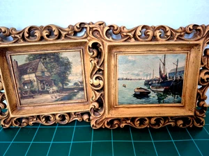 Vintage Syroco Holz Bilderrahmen Druck Landhaus Haus Pferdewagen & Boote 2er Set - Bild 1 von 7