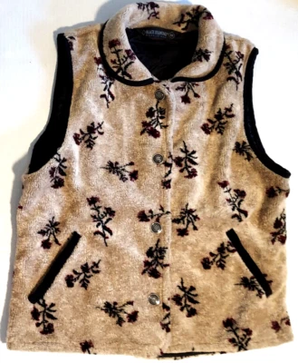 Vintage Black Diamond Womens Fleece Vest Beige Maroon Floral Button Sz M - USA - Image 1 of 4