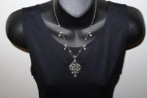 Vtg Necklace Faux Pearls Silver Tone Green Brwn Rhinestones Dangle Pendant 18"+ - Picture 1 of 10