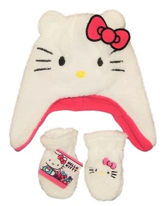 HELLO KITTY Girls White Fleece-Lined Peruvian Sherpa Hat & Mitten Set w/ Bow $25 - Picture 1 of 1