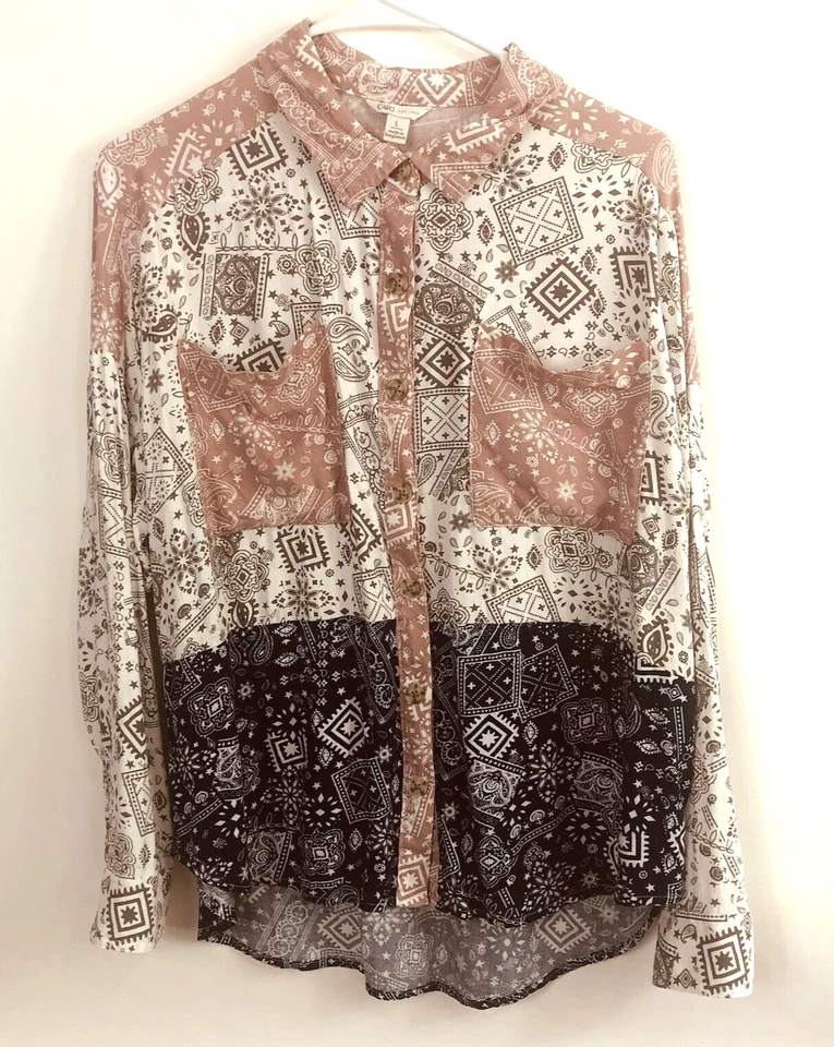 Mujer Cato Blanco Rubor Rosa Tostado Azul Marino Abstracto Bolsillo Abotonado Manga Larga L Foto 1 de 4