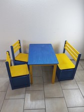Kinder Sitzgruppe Holzbank Tisch Stuhl Spielzeugkiste Fichte - farbig - lasiert