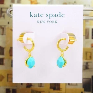 NWT Kate Spade Round brilliant Tri-Prong Huggies Earrings $48 Turquoise Gold - Picture 1 of 5