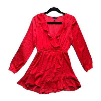 Express 红色荷叶边人造裹身迷你连衣裙长袖弹力腰小号 — 第 1/4 张图片