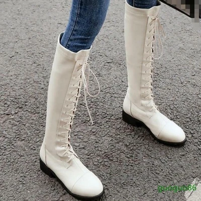 Women's Round Toe Low Heel Faux Leather Knee High Boot Lace Up Shoes Oversize - Image 1 of 4